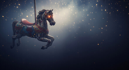 Abandoned winter carnival carousel standing in snowy fairground with frosted tents around. Landscape concept