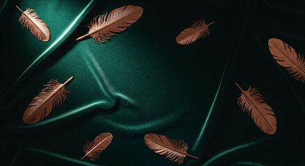 Copper-colored bird feathers against a soft, green fabric background create a beautiful natural pattern, perfect for use as a backdrop and design element.