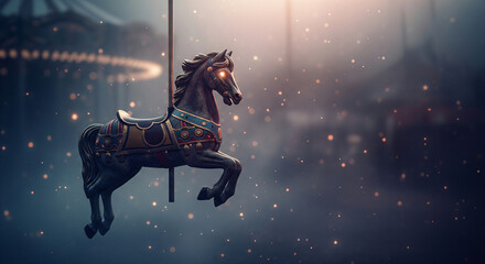 Abandoned winter carnival carousel standing in snowy fairground with frosted tents around. Landscape concept