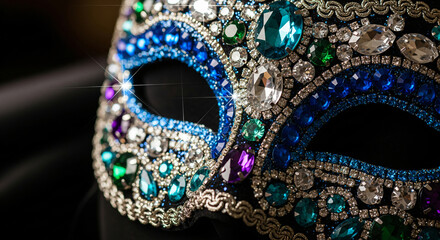 Festive Venetian carnival mask with gold glitter decorations and diamond beads on dark blue background.