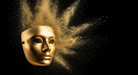 Golden Venetian Mask, Cosmic Background Super slowmotion shot of gold powder explosion isolated on black background.
