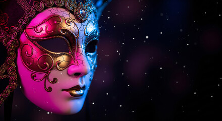 Vibrant neon carnival masks glowing brightly against a black background, showcasing intricate designs and vivid colors, creating a striking and mysterious visual contrast.