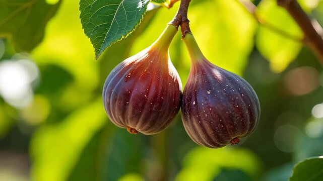 Two ripe figs hanging on a tree