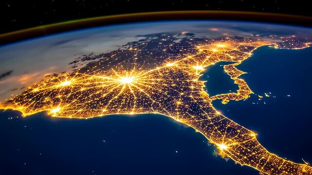 An illuminated nighttime view of a continent from space, showcasing city lights and the atmosphere
