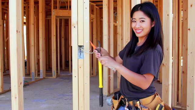 A woman smiles as she works on electrical wiring within the wooden framework of a house under construction