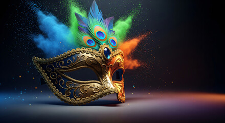 Luxury Mardi Gras golden mask with feathers. Dark background with shining bokeh effect and golden dust glitter. Banner of a venetian carnival concept with copy space.