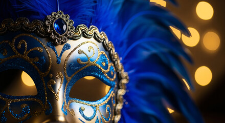 Elegant Blue and Gold Mask with Ornate Decorations on a Dramatic Background