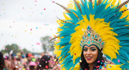 A smiling sexy woman of samba dancers in vibrant costumes Brazil during the carnival