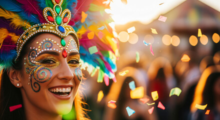 A smiling sexy woman of samba dancers in vibrant costumes Brazil during the carnival