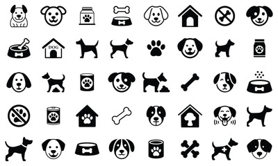 Dog icons collection pet care, animal silhouettes and paw prints. set of dog vector icons for design