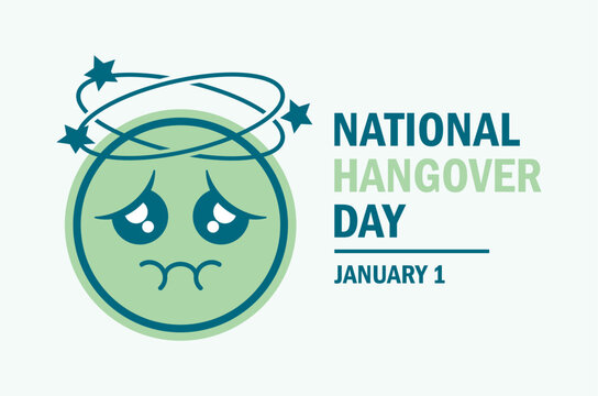 National Hangover Day poster vector illustration. Drunk emoticon with hangover and headache icon. Green sick emoji with nausea symbol. Alcohol intoxication clip art. Template for background, banner