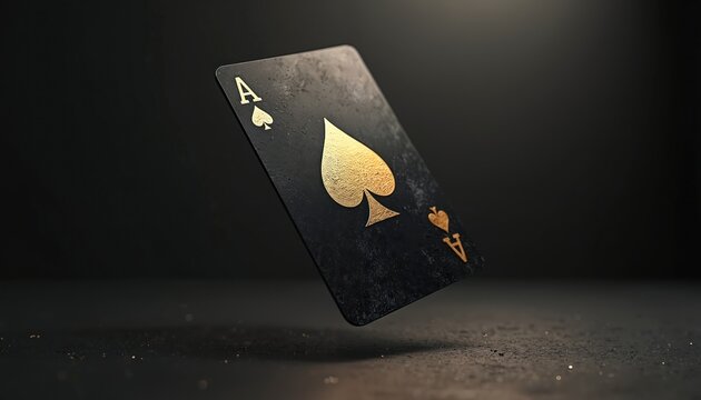 Black ace of spades card floats against dark background. Gold details on card hint at luxury, chance, and victory. Minimalist composition suggests abstract concept.