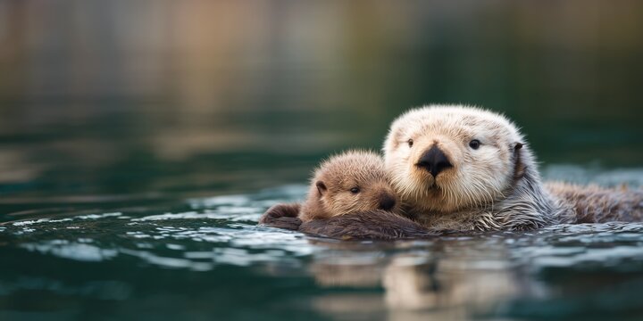 Mother otter holds her baby while floating on water during the day