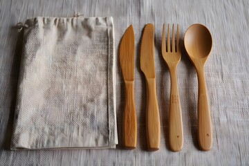 Eco friendly bamboo utensils in reusable cloth bag