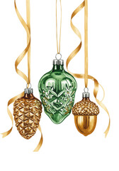 Fototapeta premium Highly detailed watercolor illustration of vintage green glass christmas ornament, gold pinecone, and acorn, hanging on white archival paper with copy space. Elegant holiday concept