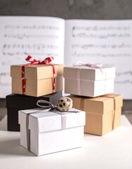 Stacked, small, colorful gift boxes, decorated with ribbons, and a small speckled egg atop one, in front of sheet music