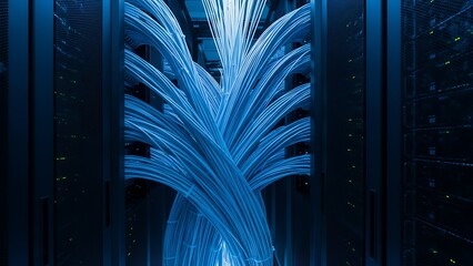 Glowing blue fiber optic cables fill a server rack, symbolizing high-speed data transmission, robust network infrastructure, and modern digital communication