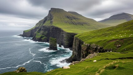 A scenic view of a rugged coastline with green hills and cliffs overlooking the ocean