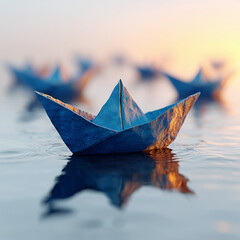 Blue paper boat floating on water with soft light and dreamy background