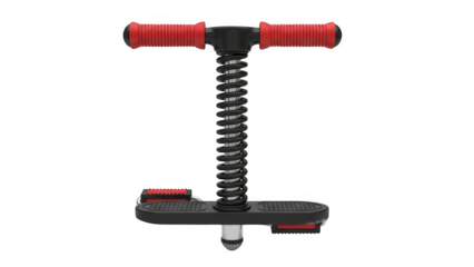 Red and black pogo stick with metal spring on black background children's toy outdoor toy