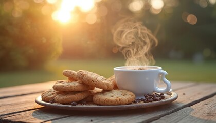 Hot coffee cup with cookies on wooden table outdoors in warm sunlight. Steam rises from mug, showing a relaxing break moment with sweet snacks.
