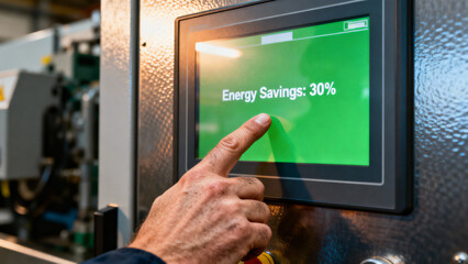 User Interacting with Control Panel Displaying Energy Savings Information on Machine