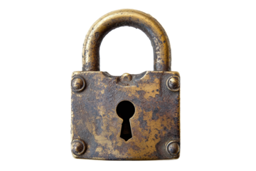 Antique brass padlock isolated on transparent background