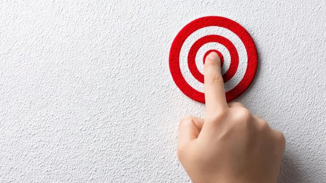 Hand pointing finger at center of red target on white textured background. Business goal, achievement, and success concept.