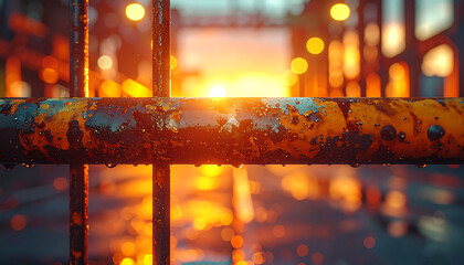 Golden Sunrise Through the Rusty Bars: A captivating view capturing the golden hues of a sunrise shining through weathered rusty bars.