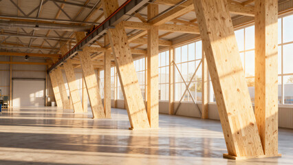 Modern Industrial Space with Wooden Pillars and Natural Light Streaming Inside