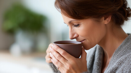 Faceless woman peacefully sipping coffee heavily defocused background anonymous person with tranquil beverage moment calm refreshment scene mindful drinking visualization