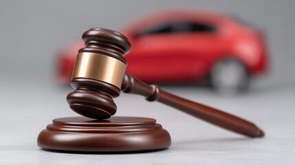 Obraz premium Legal Decisions and Car Auctions: A Gavel Resting on a Wooden Base with a Blurred Red Car in the Background Capturing Justice and Commerce Themes