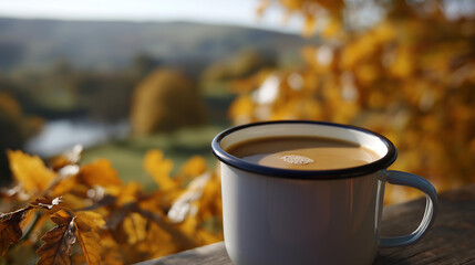 Enameled cup of coffee or tea on autumn landscape outdoors heavily defocused background seasonal beverage moment nature refreshment scene outdoor comfort visualization with