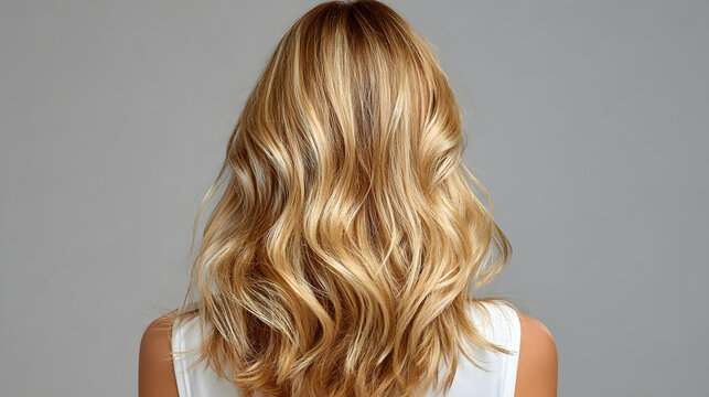 Back view of woman with long wavy blonde hair with highlights against neutral gray background, wearing white top.