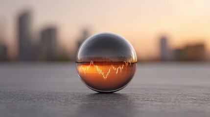 Abstract sphere reflecting city skyline during sunset with stock market graph displaying fluctuating trends in financial investment and trading concepts