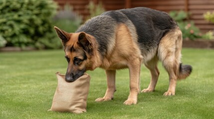 German Shepherd with a Training Dummy in a Garden, Focused and Eager to Play, Showcasing Intelligence and Athleticism in a Natural Setting
