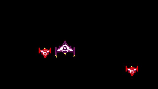 Pixel art animation with a spaceship flying against enemy spaceships on a black background, art, vintage.