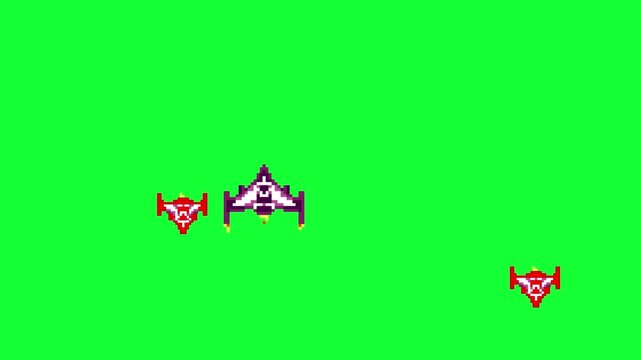 Pixel art animation with a spaceship flying against enemy spaceships on a green background, art, vintage.