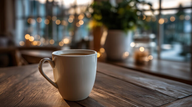 White coffee mug on rustic wooden table heavily defocused cozy cafe background warm afternoon light atmosphere hospitality setting display comfortable beverage environment - Powered by Adobe