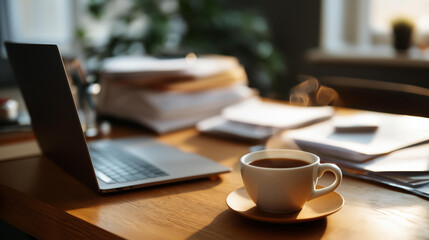 Virtual coffee break with laptop on cluttered desk heavily defocused background surrounded by notes and steaming cup informal work from home casual setup remote refreshment