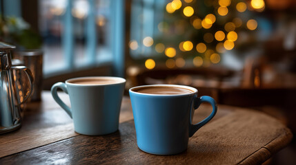 Obraz premium Closeup image of two blue cups of hot latte coffee and Americano heavily defocused vintage wooden table in cafe background beverage variety display coffee shop atmosphere with