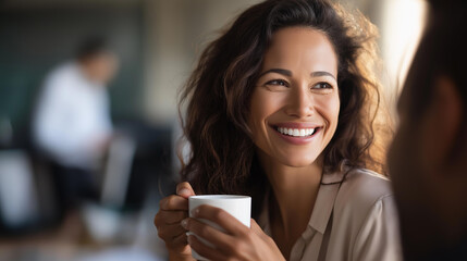 Faceless woman chatting with coworker over coffee heavily defocused workplace background anonymous professionals with social interaction office bonding moment employee
