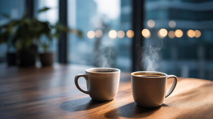 Obraz premium Steaming mugs of coffee and tea prominently displayed on polished wooden table heavily defocused blurred business setting background foregrounding focus in corporate office