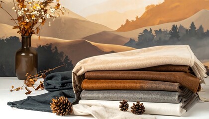 Stacked textiles in earth tones sit before a stylized painted landscape; dried flowers and pine cones add decorative elements