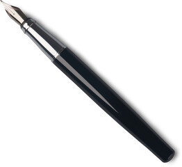 glossy black fountain pen isolated white background, smooth polished finish with metallic silver...