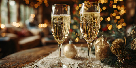 Two champagne glasses filled with sparkling wine on table near decorated Christmas tree in cozy living room with warm lighting for holiday celebration.