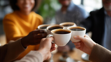Faceless closeup people enjoying drinking and clinking coffee cups together heavily defocused cafe table background anonymous group social moment shared beverage experience