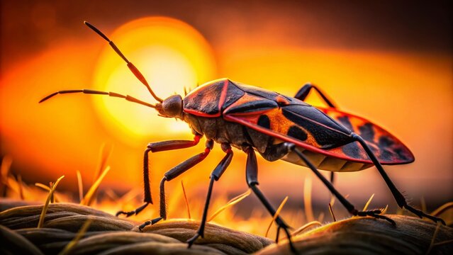 Macro Silhouette of a Common Firebug (Pyrrhocoris apterus) Insect on a Plant