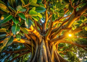 Macro Summer Ficus Tree Shadow, Detailed Leaf Texture, Sunlight