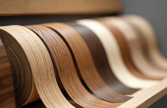 Rolls of edge banding tape with wood grain patterns in various brown shades displayed. Material for furniture manufacturing, edging panels, decorative finishes. Different wood imitations for interior